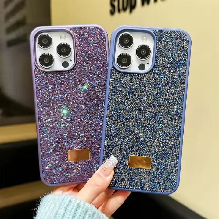 Husa Glamour, Cristale stralucitoare, Pentru iPhone 14 Pro Max, Antisoc, Protectie completa, Bleumarin