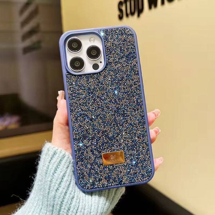 Husa Glamour, Cristale stralucitoare, Pentru iPhone 14 Pro Max, Antisoc, Protectie completa, Bleumarin