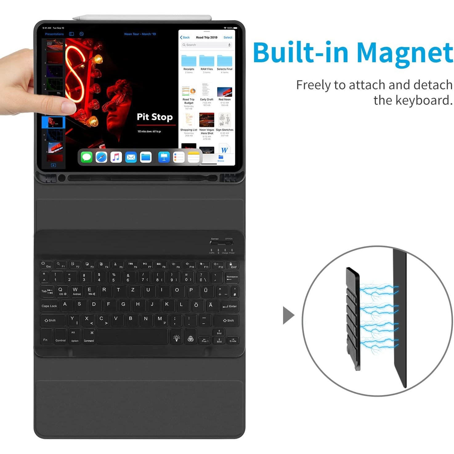 Husa pentru Apple iPad Air 11 2026 / 2025 / 2024 M4, M3, M2 cu tastatura iluminata wireless detasabila RGB 7 lights, Bluetooth, USB Type-C, functie stand, slot stylus si mouse wireless RGB iluminat LED negru