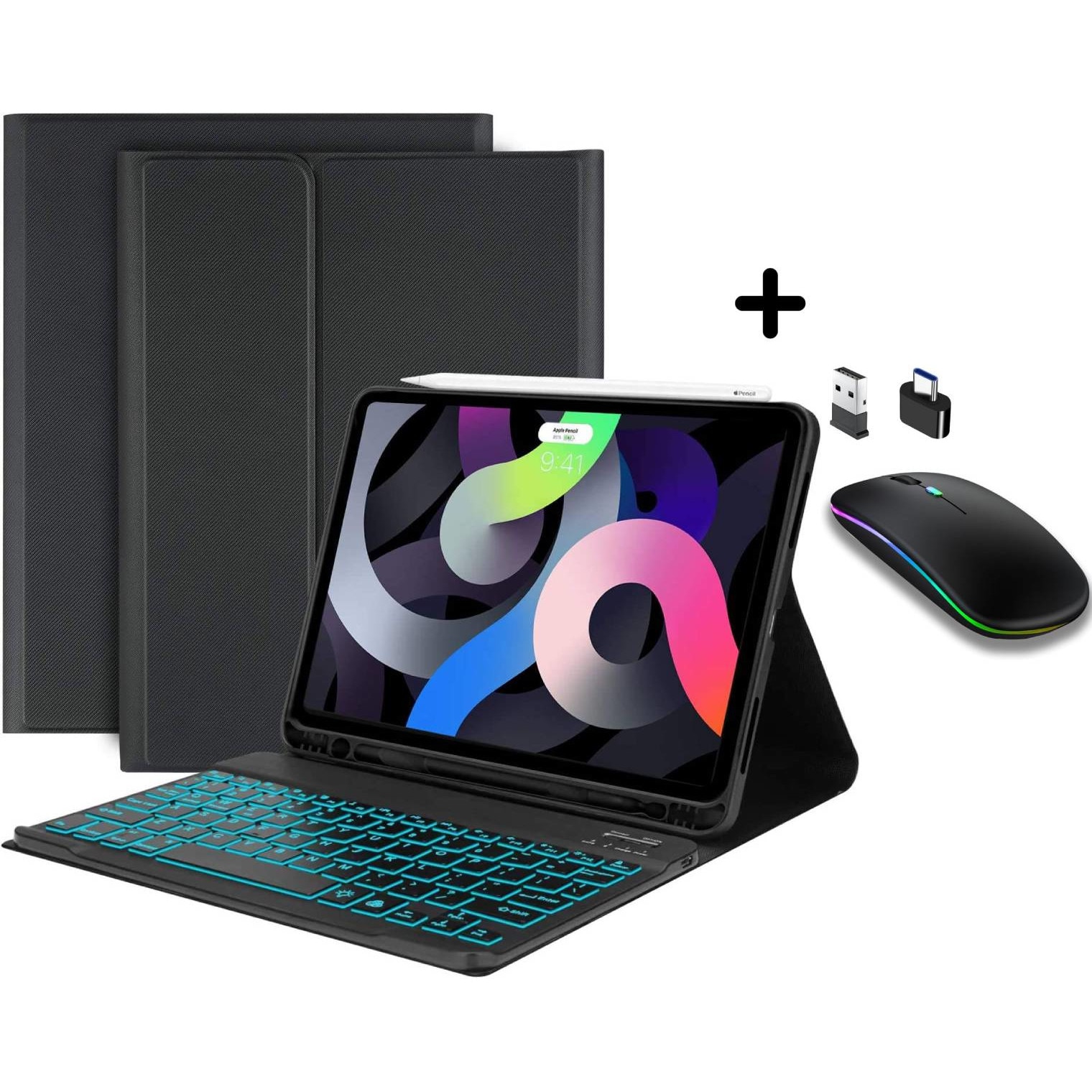 Husa pentru Apple iPad Air 11 2026 / 2025 / 2024 M4, M3, M2 cu tastatura iluminata wireless detasabila RGB 7 lights, Bluetooth, USB Type-C, functie stand, slot stylus si mouse wireless RGB iluminat LED negru