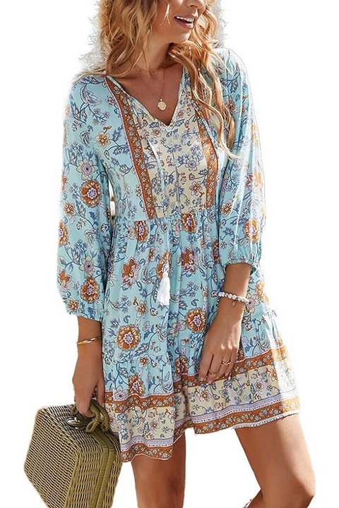 Rochie midi de vara floral, albastru, marimea M, BELLEZASOURIRE