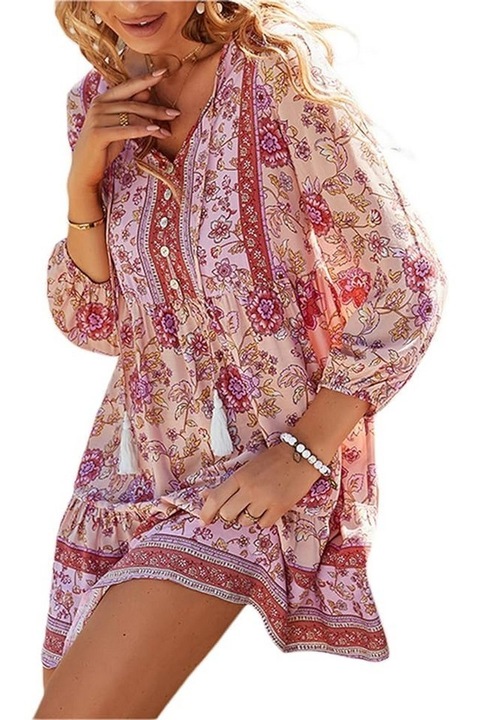 Rochie midi de vara floral, roz, marimea M, BELLEZASOURIRE