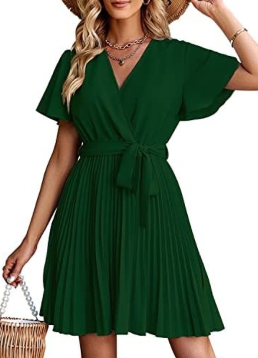 NLAND Дамска плисирана рокля с V-образно деколте с къс ръкав, размер S, зелена
