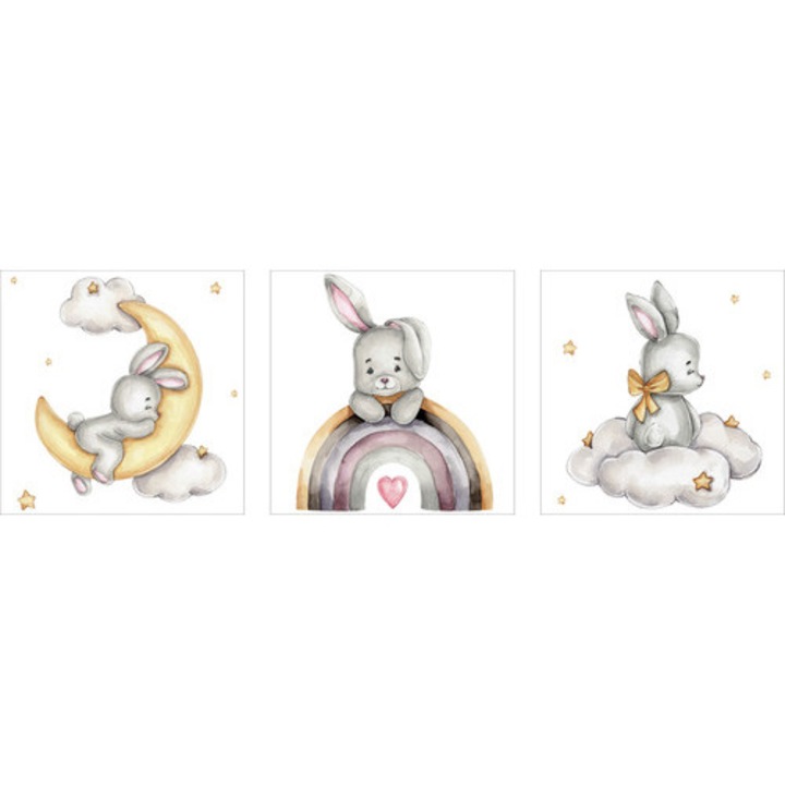 Комплект от 3 картини на платно със зайци, 3x 25x25 см