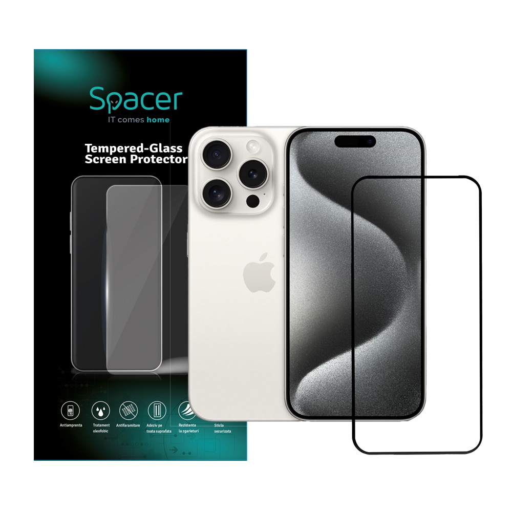 Folie sticla Spacer pentru Iphone 15 Pro Max, grosime 0.3mm, acoperire totala ecran, strat special anti-ulei si anti-amprenta, Tempered Glass, sticla 9D, duritate 9H