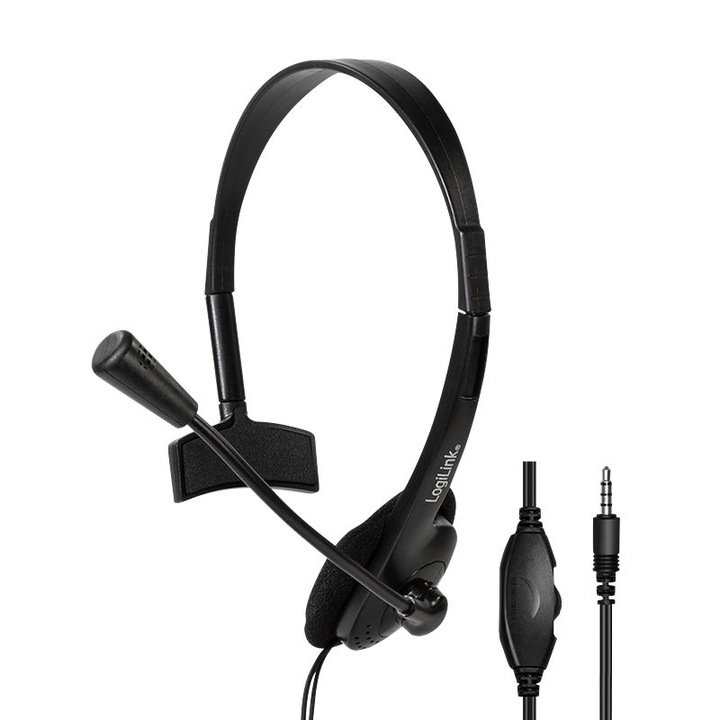 LogiLink Mono fejhallgató, 3.5mm, mikrofon, fekete, 1.8m kabel