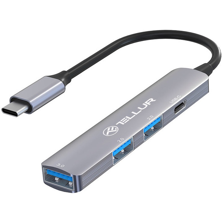 Hub Tellur TLL321051 USB-C 4 in 1, 2 porturi USB 2.0, 1 port USB-C, 1 port USB 3.0, aluminiu, Gri