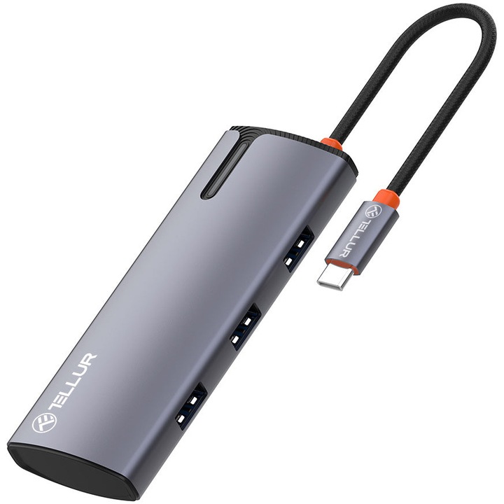 Хъб Tellur TLL321061 USB-C Power Delivery 3.0 100W, 1 порт HDMI 4K, 3 порта USB 3.0, Алуминиево сиво