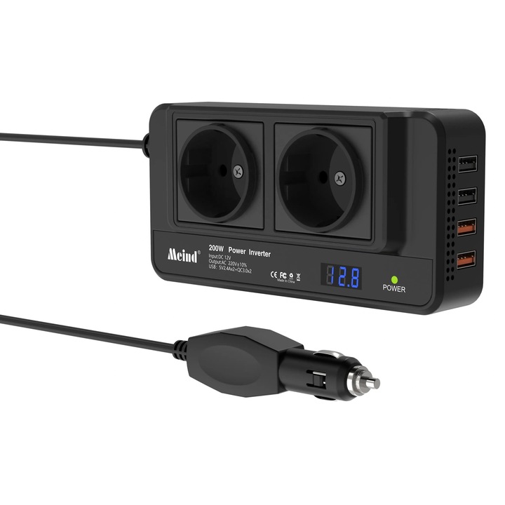 Преносим инвертор на напрежението Ekleto: DC 12V към AC 220V преобразувател с 2 европейски щепсела, 4 USB порта, 200W, капацитет на пренапрежение 400W, цифров дисплей