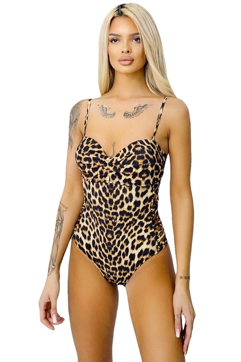 Costum de baie intreg Perlla, detalii cu aspect impletit si cupe buretate, Bej