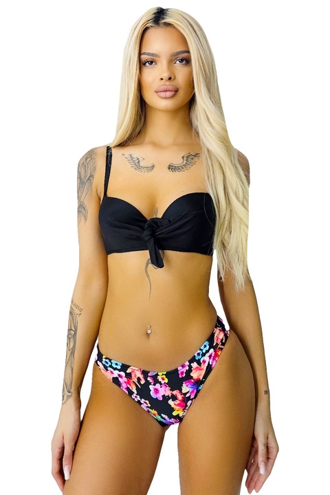 Costum de baie trei piese Maddy, slip clasic, fusta scurta, Negru
