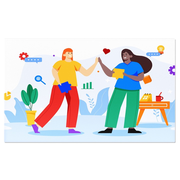 Tablou Canvas Doua Prietene Dragute, Fata cu Parul Portocaliu si Fata cu Par Brunet Bat Palma Prietenos 140x90CM