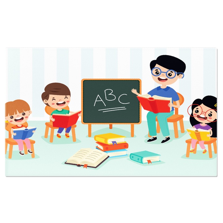 Картина на платно Всеотдайният учител с очила учи азбуката с малки деца от рецепти в детската градина 140x90CM