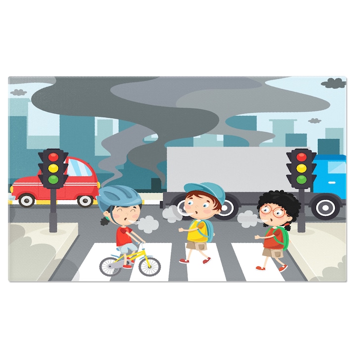 Картина на платно Замърсяване на въздуха от автомобили и деца, вдишващи замърсен въздух, дишане на дим 90x60CM