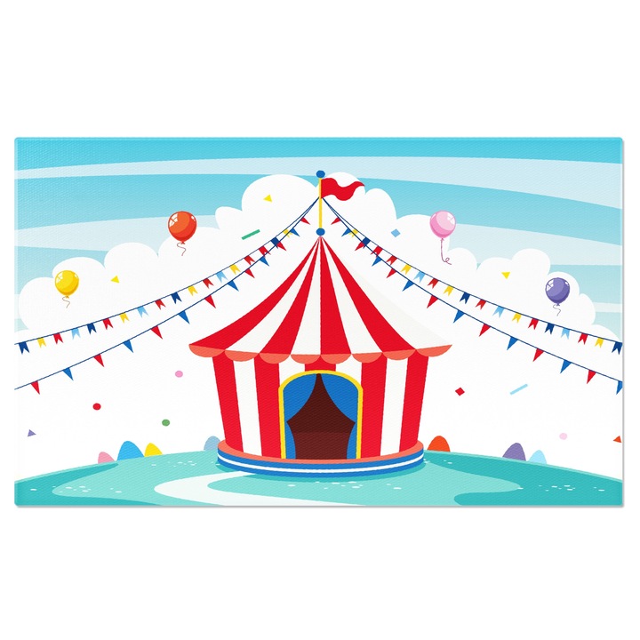 Картина на платно Цирк, събран в средата на червеното поле с бели ивици, балони и декорации 100x70CM