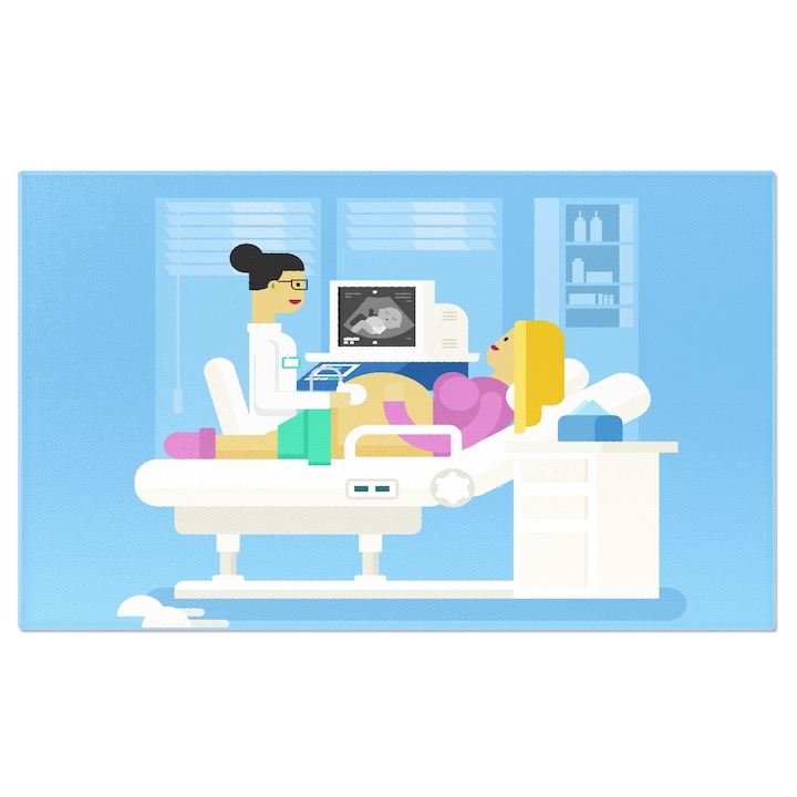 Tablou Canvas Femeie Blonda Imbracata in Roz Insarcinata a Venit la Control si o Doctorita care ii face Ecografie 40x25CM