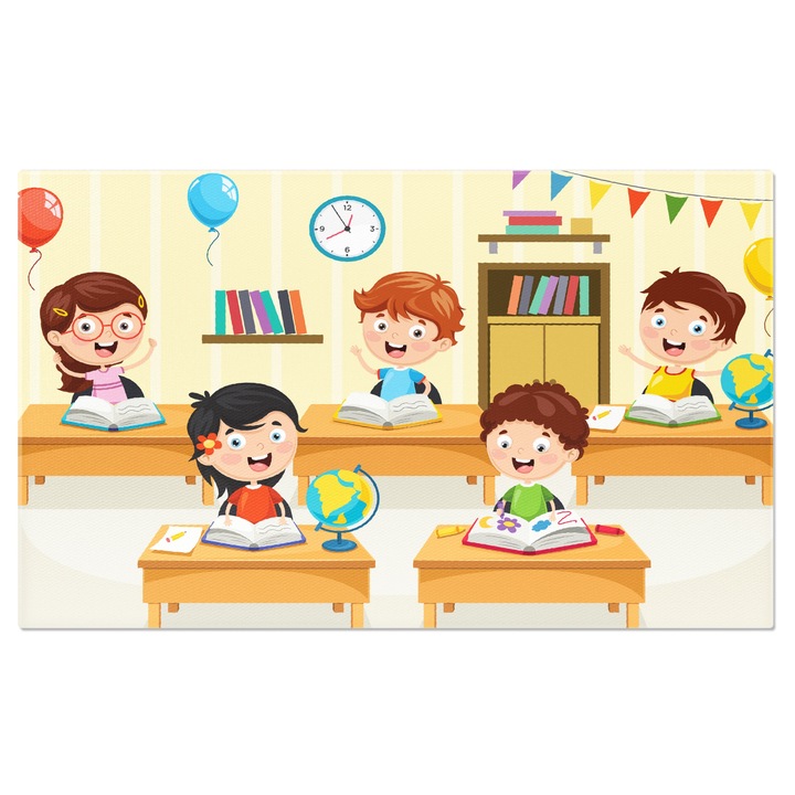 Tablou Canvas Sala de Clasa cu Copiii Veseli in Banci care Scriu si Deseneaza in Caietele Colorate 70x50CM