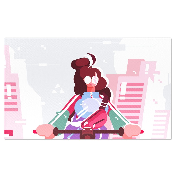 Tablou Canvas Fata Imbracata Cool cu Ochelari si Par Saten pe o Trotineta Electrica in Orasul cu Cladiri 40x25CM