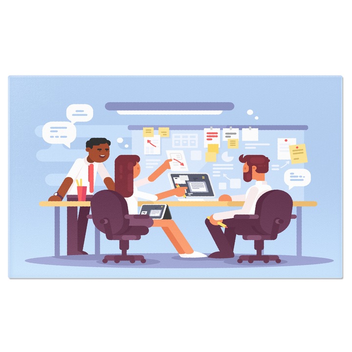 Директорите на борда на Canvas и двамата сътрудници се консултират относно нова идея за печалба на таблет 100x70CM