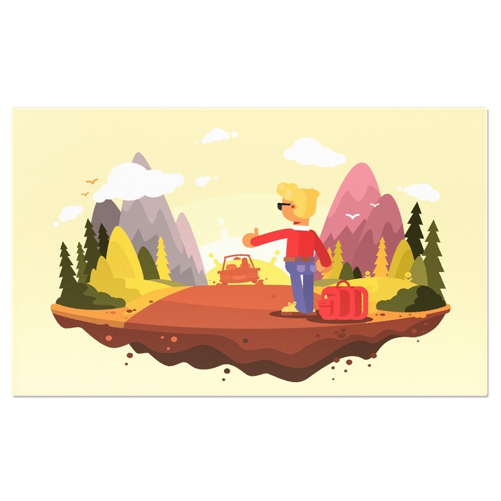 Tablou Canvas Barbatul Blond cu Ochelari Ramas in Mijlocul Drumului cu Bagaj Coborat din Masina de Iubita 40x25CM