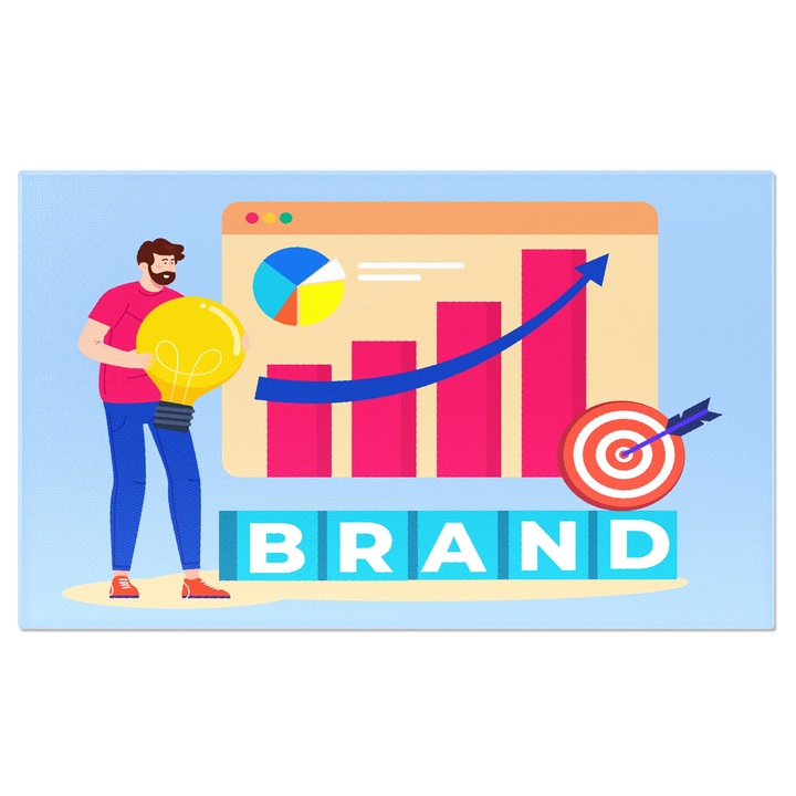 Tablou Canvas Crearea unui Nou Brand, Inventatorul Brandului in Tricou Roz Priveste la Cresterile Profitului 40x25CM