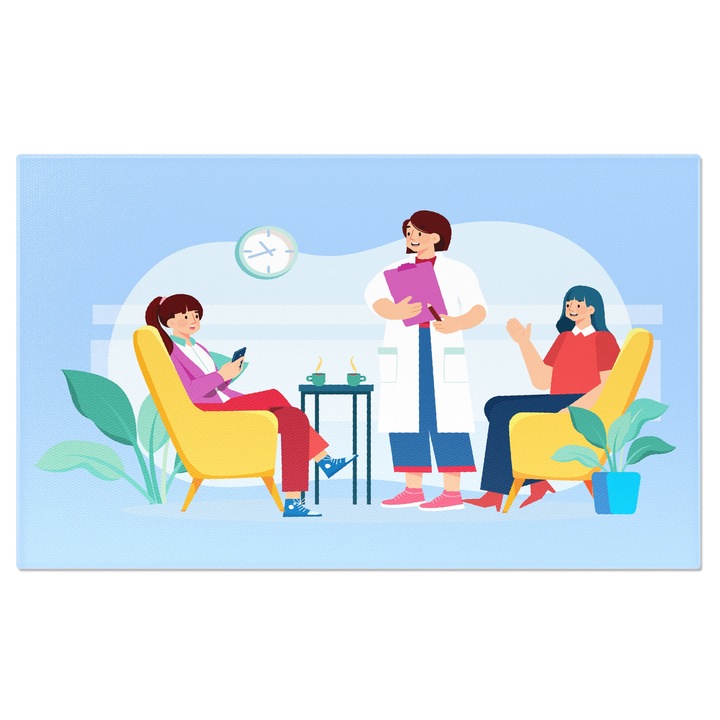 Tablou Canvas Holul Cabinetului cu Doamne pe Fotolii Galbene si Cafele pe Masa si Asistenta in Halat 40x25CM