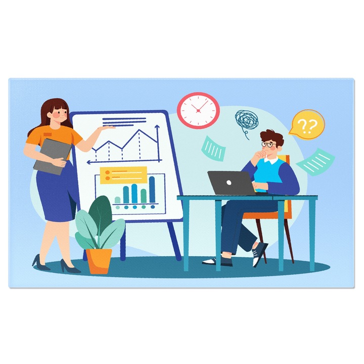 Tablou Canvas Dama in Tricou Portocaliu cu Fusta Explicand Actiunile si Statisticile Baiatului Nedumerit 70x50CM