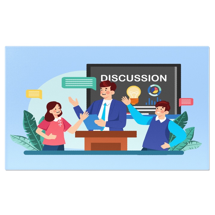 Tablou Canvas Discursul Profesorului Iubit de Elevi, Fata in Roz si Baiatul in Albastru Sustinand Profesorul 40x25CM