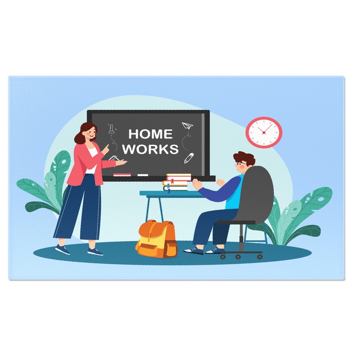 Tablou Canvas Temele pentru Acasa date de Profesoara Imbracata Cool si Elevul Speriat in Banca 40x25CM