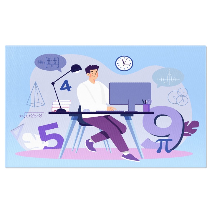 Tablou Canvas Lucratul pe Calculator in Camera cu Cifre Asezate si Baiat Concentrat pe Telefon 140x90CM