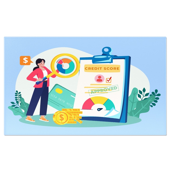 Tablou Canvas Aprobarea Creditului din Fisa Albastra cu o Fata langa cu Ochelari si Sacou Roz 40x25CM