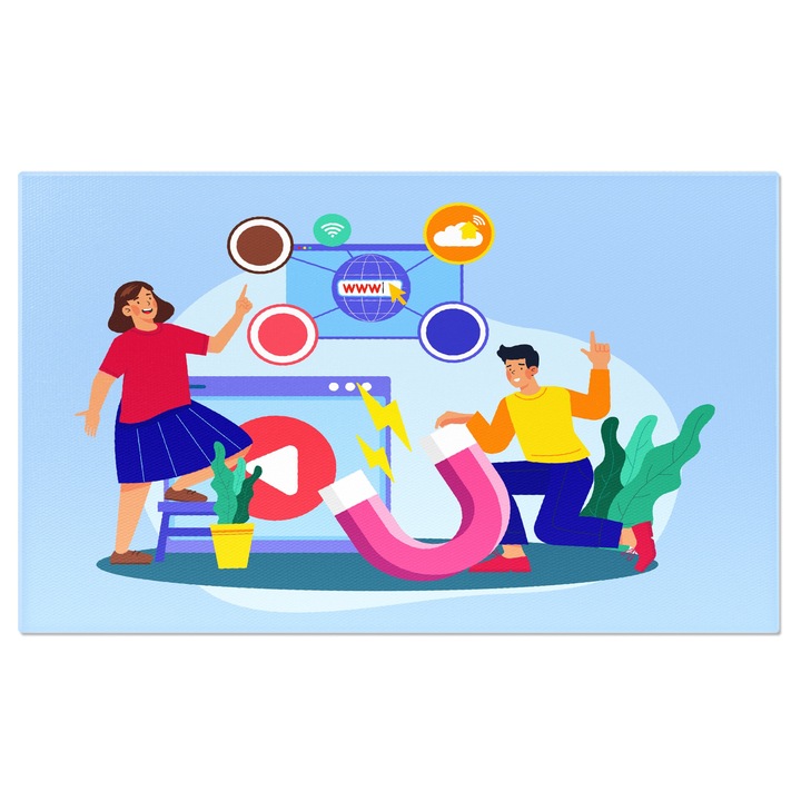 Tablou Canvas Crearea unui Nou Site Web de catre Dama in Fusta Albastra si Baiatul in Tricou Verde cu un Magnet 90x60CM