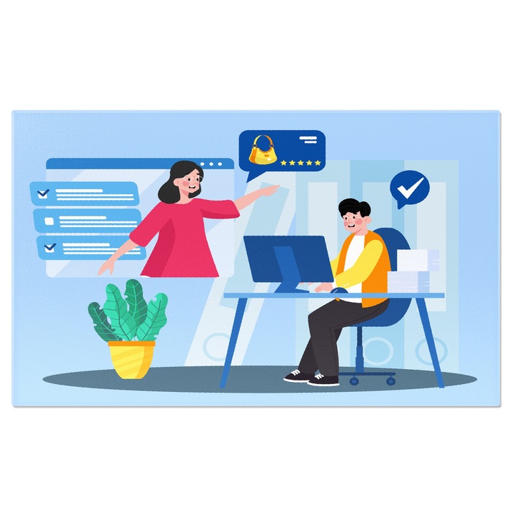 Tablou Canvas Dama cu Ochelari in Rochie Roz Povesteste Baiatului despre Poseta Galbena Achizitionata 100x70CM