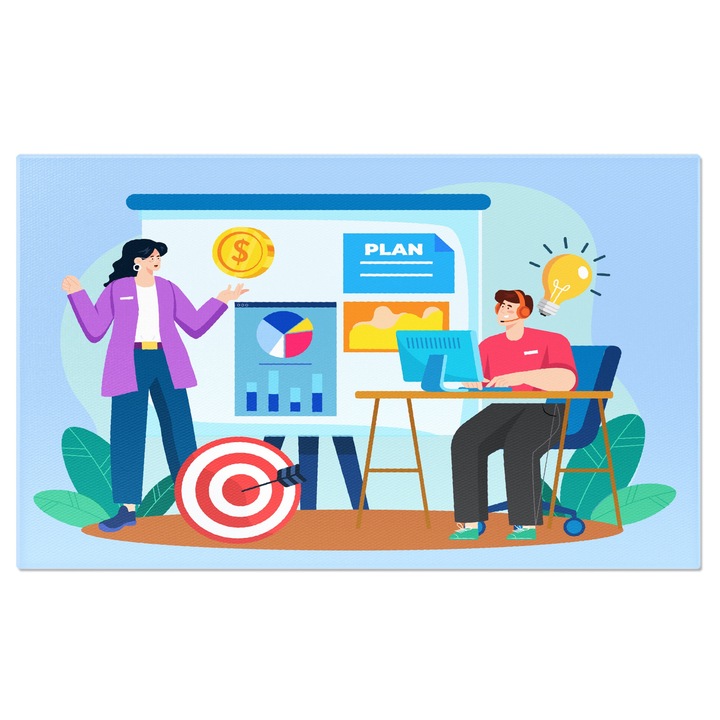 Tablou Canvas Planul Saptamanii Scris pe Tabla Alba, Directoare in Mov Zambeste la Barbatul din Call Center 40x25CM