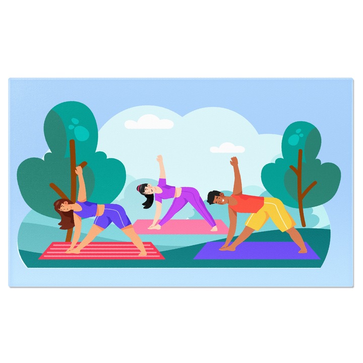 Tablou Canvas Exercitiile de Yoga din Padurea cu Copaci Inverziti si Fetele Imbracate Sport Colorat pe Saltele 120x80CM