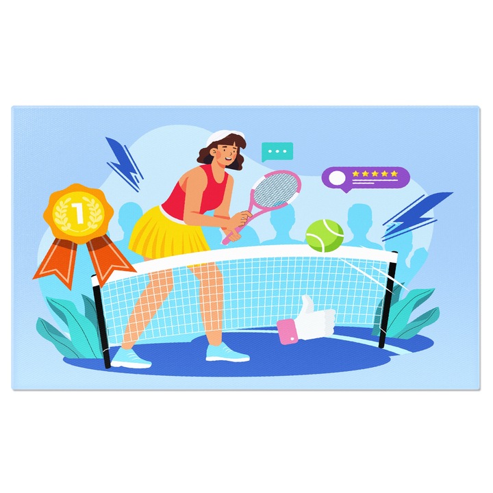 Tablou Canvas Castigatoarea Focului de Tenis in Fusta Galbena si Sapca Alba Asortata cu Incaltamintea 120x80CM