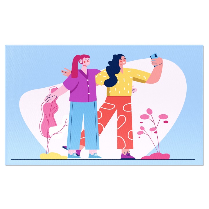 Tablou Canvas Doua Prietene Dragute Imbracate in Haine Colorate care isi Fac o Poza cu Telefonul 140x90CM
