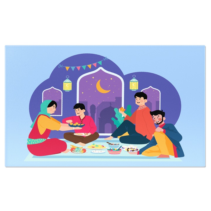 Tablou Canvas Iubitoarea Familie de Indieni care Mananca pe Patura Asezata pe Jos Imbracati Traditional 40x25CM