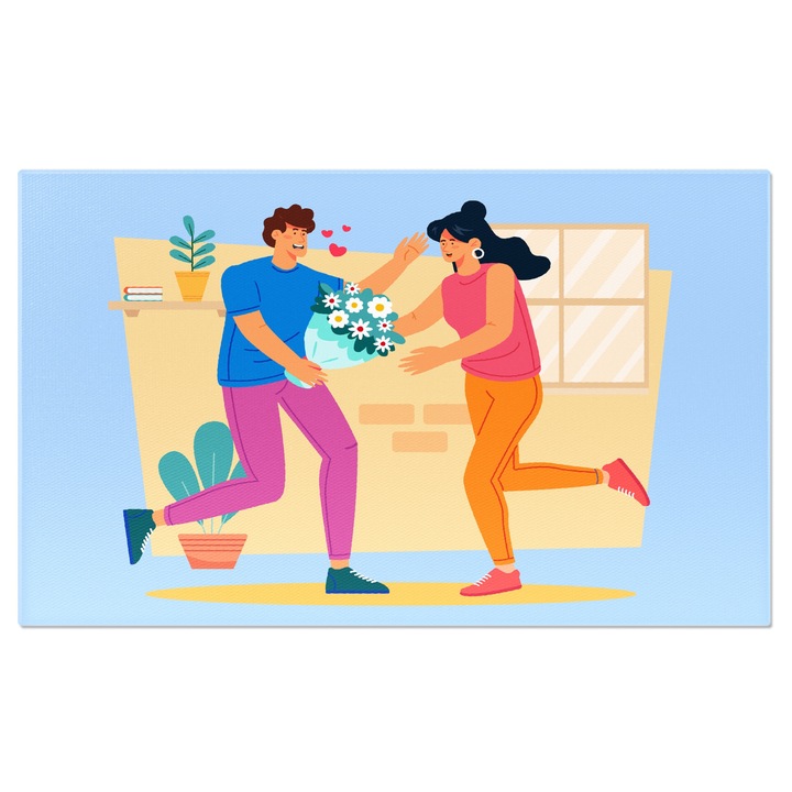 Tablou Canvas Romanticul Baiat Imbracat in Albastru Aduce un Buchet de Flori Albe Iubitei lui cu Cercei 40x25CM