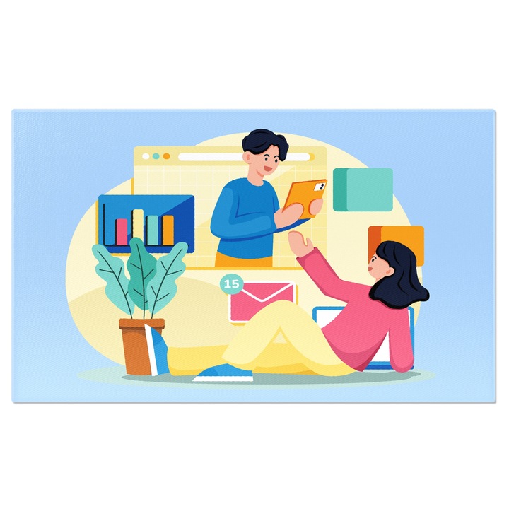 Tablou Canvas Baiatul Brunet in Bluza Albastra care ii face Fetei in Bluza Roz Poza cu Tableta Portocalie 40x25CM