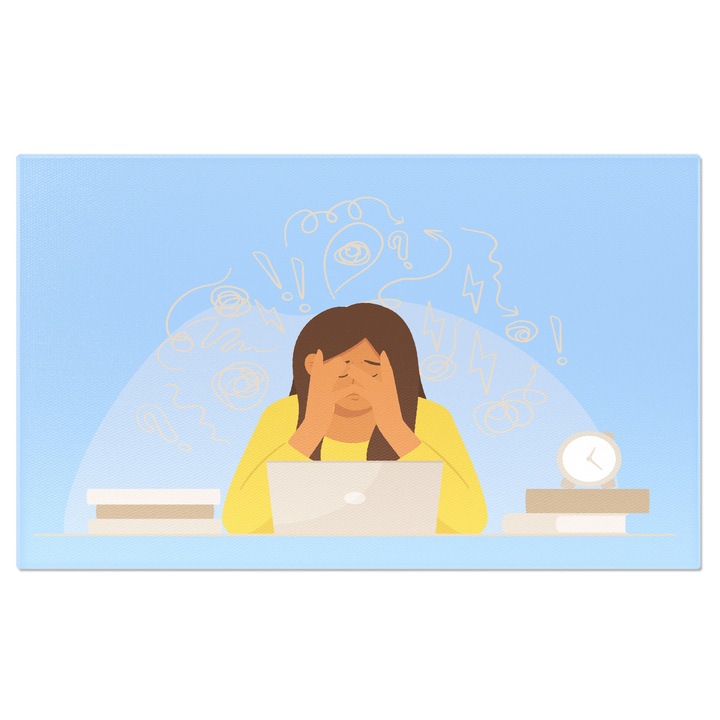 Претоварена картина на платно Жена в жълта блуза, работеща на лаптоп, изтощена и тъжна 40x25CM