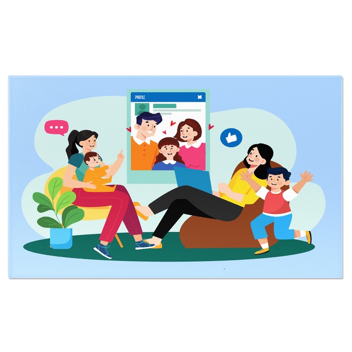 Tablou Canvas Mamici Fericite Alaturi de Copilasii lor Privind la Pozele Postate Online ale Altor Familii 40x25CM