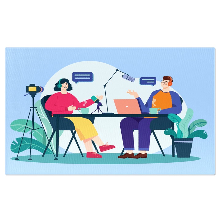 Tablou Canvas Podcastul Baiatului cu Casti Portocalii si Invitata Fata cu Bluza Roz cu Cestile de Cafea pe Masa 40x25CM