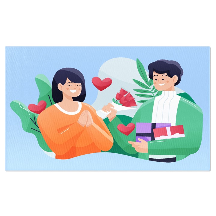 Tablou Canvas Simbolul Iubirii, Iubitul Atent ii Ofera Buchet de Lalele Rosii, Ciocolata si Cadou Fetei Iubite 40x25CM