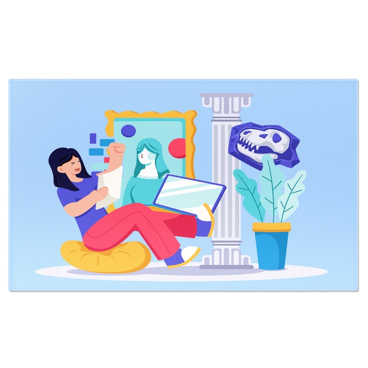 Tablou Canvas Fata in Tricou Mov si Pantaloni Roz cu Parul Scurt Brunet se uita pe Fisa Fericita de Rezultate 40x25CM