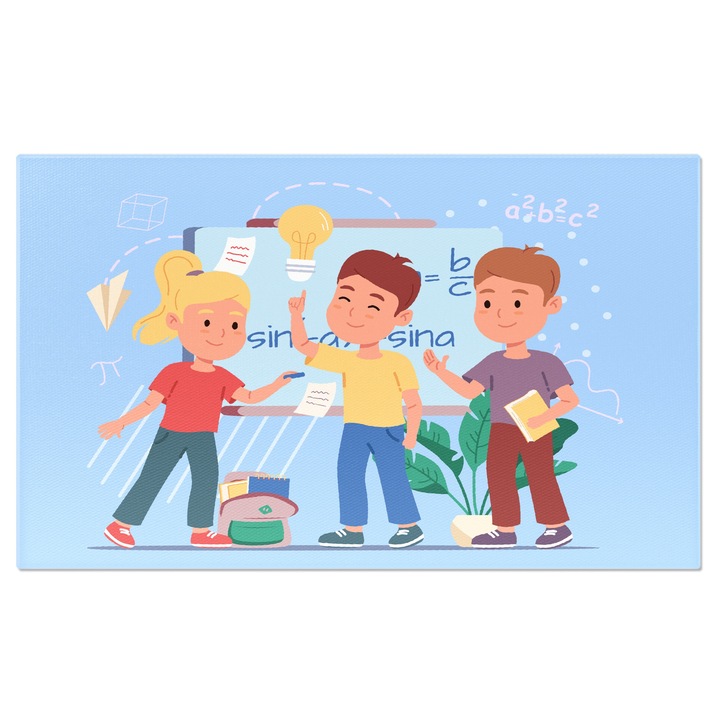 Картина на платно Деца отиват на дъската за решаване на математически задачи Две момчета и русо момиче 90x60CM