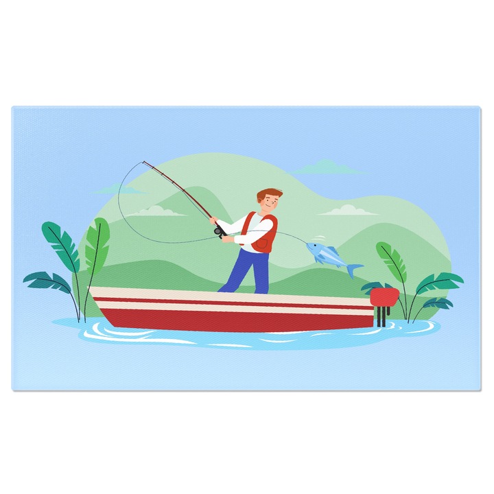 Платно Картина Страстта на риболова, Рибар с жилетка в червена лодка на езеро с въдица и синя риба 90x60CM