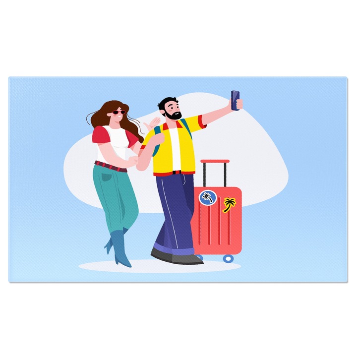 Tablou Canvas Imbracati Cool cu un Troler Rosu Femeie cu Cizme si Ochelari si Barbatul cu Camasa Galbena 140x90CM