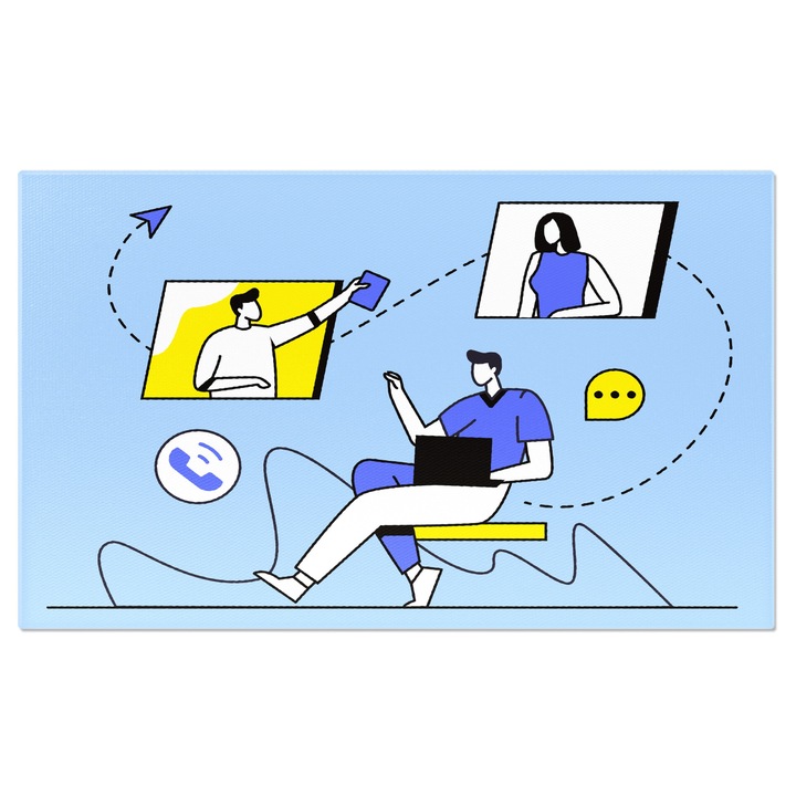 Tablou Canvas ´´Telefonul fara Fir´´intre cei Trei Colegi, Baiatul in Mov cu Laptop Negru si Colegii 40x25CM