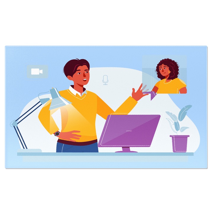 Tablou Canvas Personaj Masculin Imbracat in Galben la Birou cu Monitor Mov Vorbeste pe VideoCall cu Iubita 40x25CM